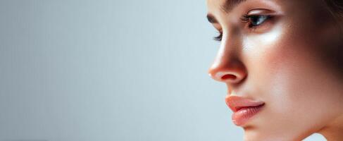 The elegant profile of a woman showcasing beauty and natural glow. photo
