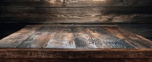 The rustic wooden table with rich textures set against a dark background. photo