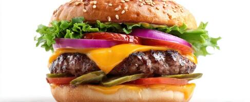 The delicious cheeseburger stacked with fresh ingredients and mouthwatering flavors. photo