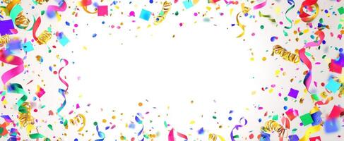 The colorful confetti and streamers surrounding a blank festive backdrop. photo