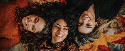 The joyful gathering of friends sharing smiles and warmth on a cozy rug. photo