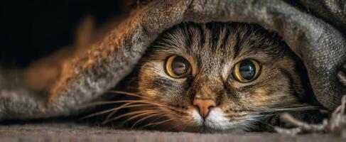 The curious cat peeking out from under a cozy blanket. photo