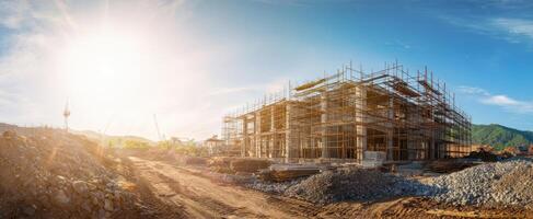 The construction site showcases extensive scaffolding under a bright sun. photo