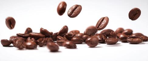 The vibrant dance of coffee beans floating in the air. photo