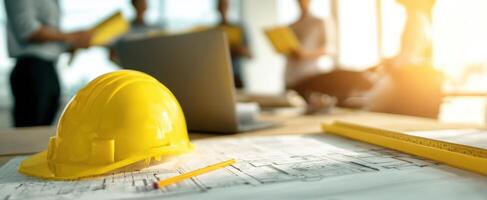 The hard hat on architectural plans with professionals collaborating in a modern office photo