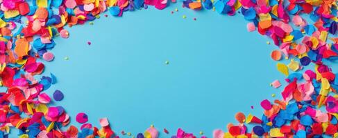 The colorful confetti creating a vibrant festive atmosphere on blue background. photo
