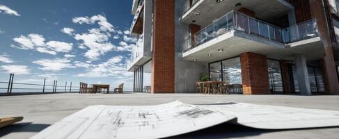 The modern architectural home with blueprints laid on the patio. photo