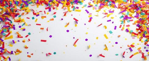 The colorful confetti scattered across a bright background for celebrations. photo