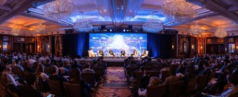 The dynamic conference scene showcasing an engaging panel discussion on technology. photo