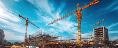 The bustling construction site showcasing towering cranes against a blue sky. photo