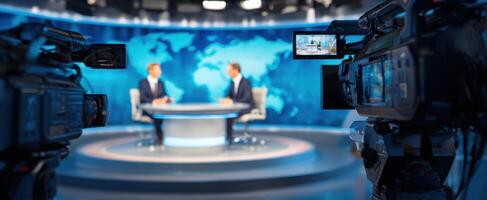 The news anchors discussing current events in a modern television studio. photo
