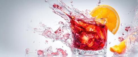 The refreshing cocktail splash with vibrant citrus garnish and ice cubes. photo
