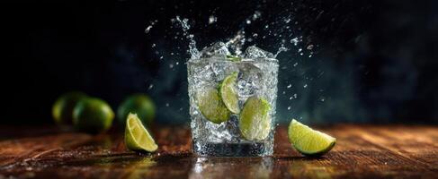 The refreshing beverage with lime and splash in a glass on a wooden table. photo