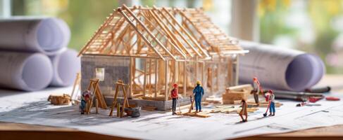 The miniature construction project featuring builders and a house model. photo