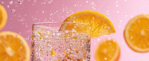 The refreshing orange drink splashing in a glass with vibrant citrus slices. photo
