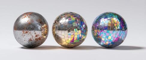 The three disco balls highlighting reflections and colorful surfaces in a modern display. photo