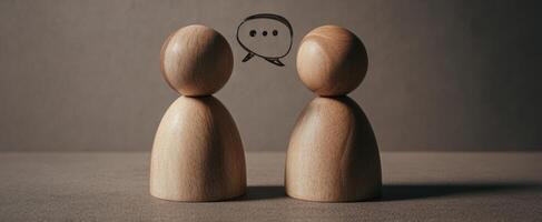 The wooden figures engaged in a conversation with a dialogue bubble. photo