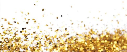 The golden confetti sparkling against a bright white background for celebrations. photo