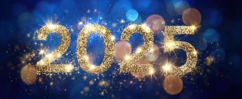 The sparkling celebration of the New Year 2025 with glittering numbers. photo