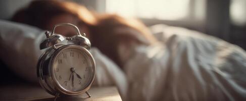 The vintage alarm clock beside a peaceful sleeper in a cozy bedroom. photo