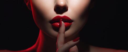 The striking beauty of a woman with red lips in a silent pose. photo