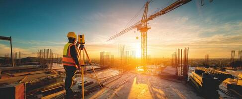 The surveyor working on a construction site at sunset with a crane in the background. photo