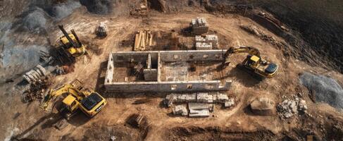 The construction site featuring excavators and foundations under development. photo