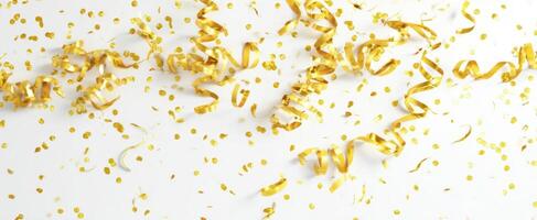 The Shimmering Gold Confetti and Ribbons on a Bright Background photo