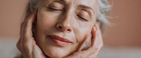 The radiant woman embracing tranquility and self-care through joyful expressions. photo