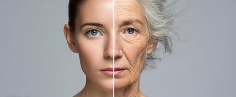 The striking contrast between youthful and aged faces showcasing the passage of time. photo