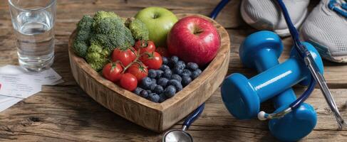 The heart-shaped bowl filled with fresh fruits and vegetables promoting health and fitness. photo