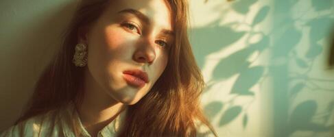 The serene beauty of a woman illuminated by soft sunlight and shadows. photo