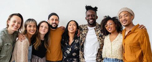 The diverse group of friends sharing laughter and joy in a casual setting. photo