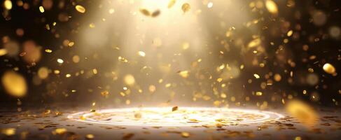 The shimmering golden backdrop with falling coins and festive lighting photo