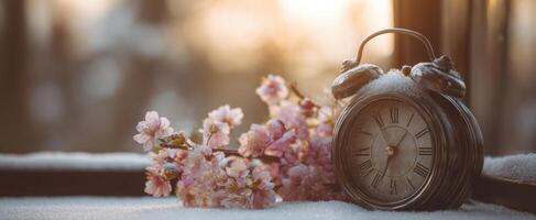 The vintage clock surrounded by delicate cherry blossoms and soft snow photo