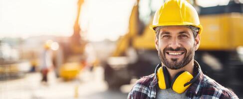 The smiling construction worker on site wearing a safety helmet and headphones. photo
