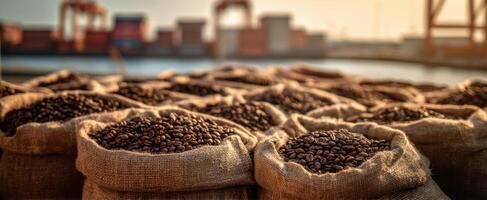The burlap sacks filled with coffee beans in a bustling port setting. photo
