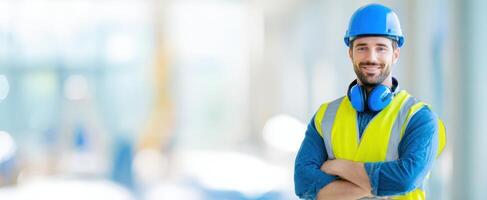 The construction worker wearing a safety helmet and smiling at the camera. photo