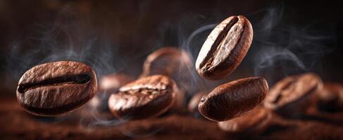 The floating coffee beans surrounded by aromatic steam and rich textures. photo