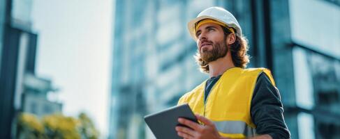 The construction worker using a tablet to oversee his building project. photo