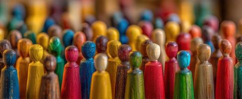 The vibrant crowd of colorful wooden figures representing diversity and creativity. photo