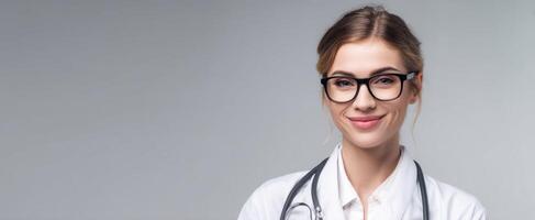 The friendly doctor with glasses smiling confidently in her medical uniform. photo