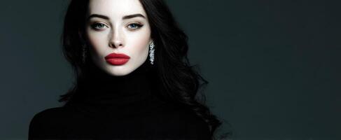 The elegant woman with striking red lips and captivating eyes in a dark setting. photo