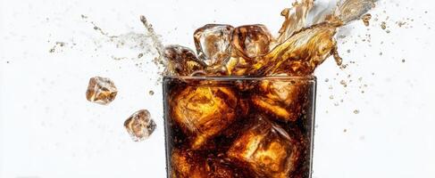 The refreshing splash of cola with ice in a glass. photo