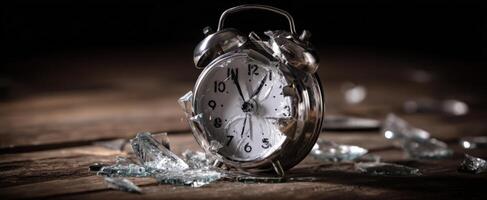 The broken alarm clock surrounded by shattered glass on a wooden table. photo