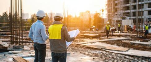 The construction workers reviewing plans during a sunset at a busy job site. photo