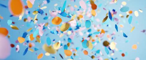 The vibrant explosion of colorful confetti in a bright blue background. photo