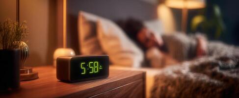 The digital alarm clock gently illuminates the bedroom at early morning light. photo