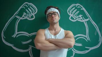 The confident man flexing his muscles against a chalkboard backdrop. photo