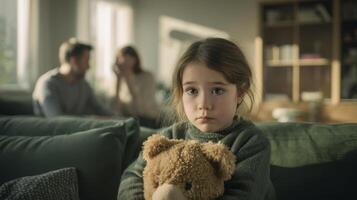 The child holding a teddy bear looks concerned while parents argue in the background. photo